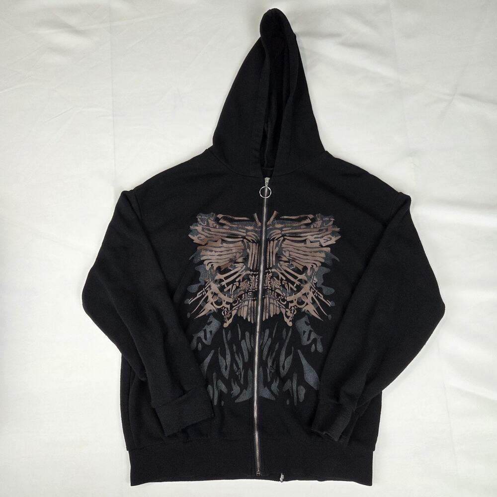 Y2K Grunge Skeleton Graphic Full Zip Hoodie Black Streetwear XL